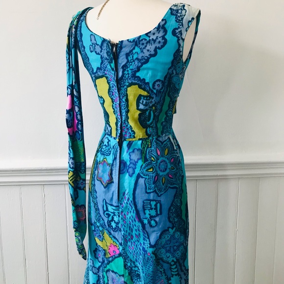 Vintage VTG 60s 1960s PSYCHEDELIC BATIK Blue Dream Festival Maxi Dress Xs - Picture 2 of 6
